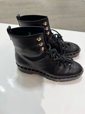 Valentino Black Leather Lace-Up Rockstud Combat Boots